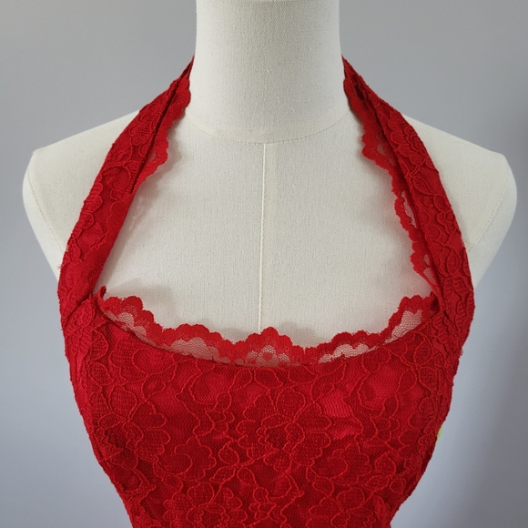 NWT Zum Zum By Niki Livas Red Mermaid Lace Halter Prom Gala Formal Gown - Picture 3 of 16